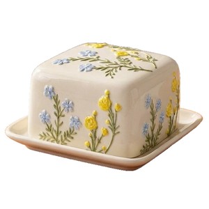 Pot à beurre en céramique peint à la main avec couvercle, forme carrée, motif floral, récipient de rangement en porcelaine pour la cuisine - Product Image 5