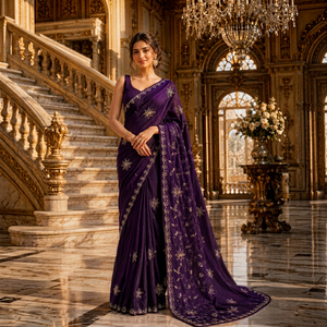 CHOHAN TEXTILE Indian <b>Purple</b> Silk <b>Saree</b> Intricate Gold Embroidery Bridal Wedding Wear Traditional Luxury Women Party Wear Saris - Product Image 1