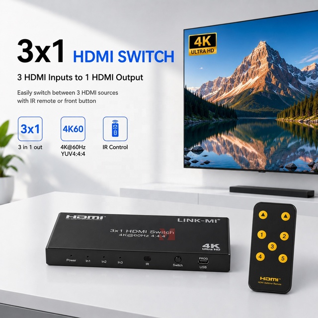 3x1 HDMI 2.0 Switch 4K60Hz 18Gbps HDR10 HDCP2.2 HDMI Selector for Commercial AV Systems