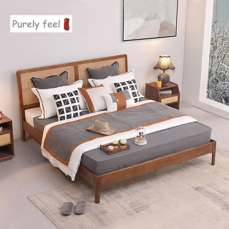 PurelyFeel Nordic rattan intrecciato in legno massello letto matrimoniale camera da letto matrimoniale letto principessa retrò