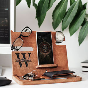 Station d'accueil pour téléphone en bois support de portefeuille organisateur de montre pour bureau/cadeaux insolites pour hommes Station d'accueil pour téléphone - Product Image 3