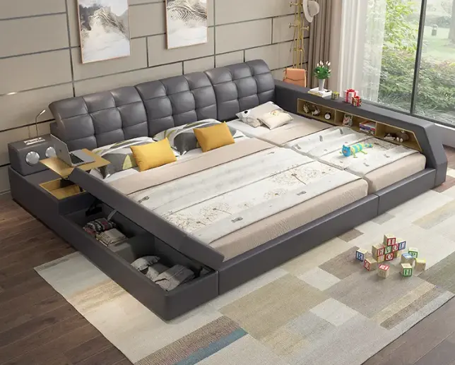 Akıllı yatak kral çerçeve ile tv modern çift deri yatak kraliçe boyutu projektör masa yatak odası mobilyası döşemeli akıllı yatak