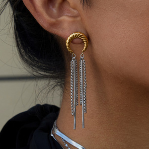 Boucles d'oreilles pendantes spirale lune à pampilles en acier inoxydable plaqué or 18 carats, design géométrique bicolore or et argent, bijoux de mode - Product Image 2