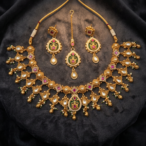 Gold Plated Bridal <b>Set</b> Choker <b>Necklace</b> Drop Earrings Tikka Ethnic Zircon Imitation <b>Pearl</b> Latest Designed High Quality Wedding - Product Image 2
