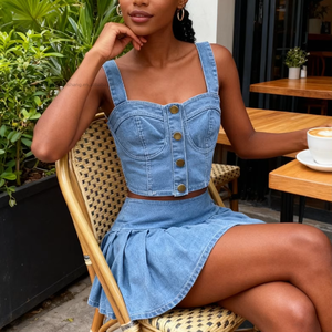 Ensemble 2 pièces en denim pour femmes, haut court sans manches et jupe plissée mini, tendance - Product Image 2
