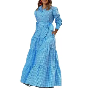 Nuevo <span class=keywords><strong>vestido</strong></span> forrado <span class=keywords><strong>a</strong></span> <span class=keywords><strong>cuadros</strong></span> de primavera/verano europeo y americano con cuello abatible, mangas largas, <span class=keywords><strong>vestido</strong></span> de columpio grande - Product Image 1