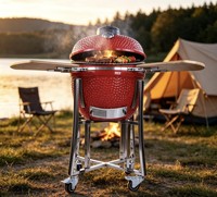 Usine OEM/ODM - Barbecue Kamado en céramique pour le camping en plein air avec support en acier inoxydable, tables latérales et roues