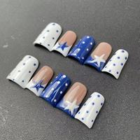 Grosir Pabrik Kuku Buatan Tangan Berkualitas Tinggi Tipe Duckbill Warna Biru dan Putih Motif Polka Dot Prancis Dapat Digunakan Kembali