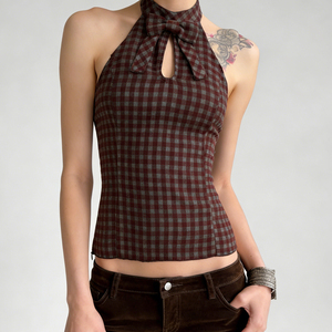 Top sin mangas para mujer, estilo vintage, transpirable, de punto, con estampado a cuadros retro, con lazo y contraste de color. - Product Image 2