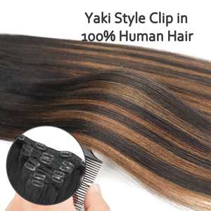 Extensiones de Cabello Humano Liso Rizado de 20 Pulgadas con Clip para Mujer, 7 Piezas/Lote, Cabello Remy Yaki Ligero con Clip, Negro Mezclado con Marrón - Product Image 4