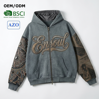 Sweat à capuche zippé pour homme, 330 GSM, délavé à l'acide, broderie de luxe en relief, patchwork en coton, streetwear oversize vintage