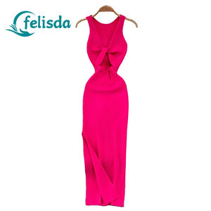 Robe coréenne en tricot pour <span class=keywords><strong>femme</strong></span>, été, sans manches, ajourée, sexy, ajustée, fendue, longue, vestidos, bodycon, robes décontractées pour femmes - Product Image 1