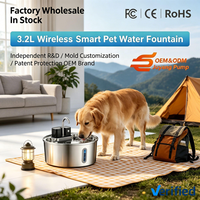 Fontaine à eau sans fil en acier inoxydable de 3,2 L pour animaux de compagnie, vente directe d'usine, moule personnalisé OEM, bol d'eau intelligent à circulation pour chiens et chats