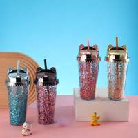 Diskon besar-besaran 500ml Tumbler berbentuk telinga tikus plastik dinding ganda dengan sedotan dan tutup Tumbler kubah telinga Mickey