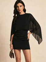 Robe de cocktail vintage moulante pour femme, collection automne-hiver 2026, avec manches cape transparentes et col rond, style minimaliste, marque privée
