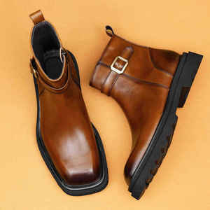Botas Chelsea Casuales de Piel Genuina para Hombre, Botas Británicas de Tobillo con Punta Cuadrada, Ligeras, Transpirables, con Cordones, para Todas las Temporadas - Product Image 4