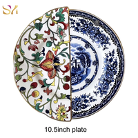 Assiettes en Porcelaine Fine à Motifs Floraux Contrastés avec Bord Doré – Ensemble Artistique pour Dîner, Mariage et Décoration de Table de Restaurant