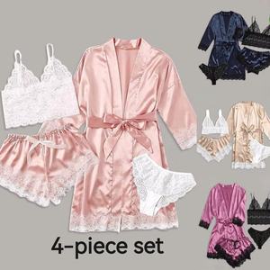 Conjunto de Lencería de Satén de Lujo de 4 Piezas para Mujer, Conjuntos de Lencería de Encaje, Camisones Sexys a Rayas para Primavera, Verano y Otoño con Pantalones Cortos, Ropa de Dormir - Product Image 1