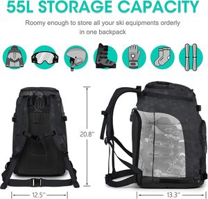 ฟรีกระเป๋าเป้สะพายหลังสำหรับเดินทางสำหรับรองเท้าสกี50L ที่มีหมวกกันน็อคแว่นตาถุงมือสกีสกีสกีสกีสโนว์บอร์ดและอุปกรณ์เสริมอื่นๆ - Product Image 3