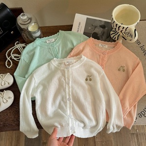 Tongxingyuan Girls Knit Cardigan Solid Color Cotton Spring Summer Autumn Casual Cherry Embroidery Sweater - Product Image 2