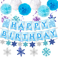 Joyeux Anniversaire – Guirlande Flocon de Neige La Reine des Neiges, Pompons en Papier, Ballons, Rideau de Paillettes Bleu pour Décoration de Fête d'Anniversaire