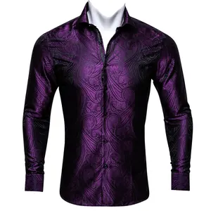 时装设计师紫色黑色男式衬衫编织花正式/休闲纽扣上丝佩斯利连衣裙长袖男式衬衫