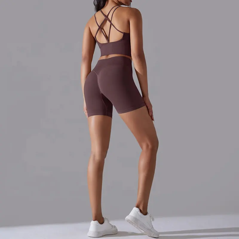 Celana pendek olahraga tanpa jahitan Legging pengangkat bokong Bra silang pakaian Gym diaktifkan 3 potong set Yoga kebugaran untuk wanita