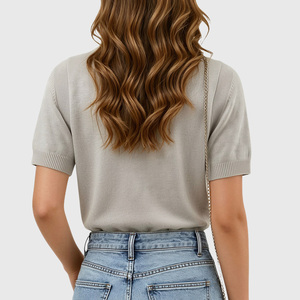 เสื้อสเวตเตอร์ถักแขนสั้นคอปกตัดสีสำหรับผู้หญิง เนื้อผ้านุ่มเบาสบายสำหรับฤดูร้อน - Product Image 2