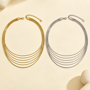 Collar de cadena de serpiente de cinco hilos para mujer, tono oro y plata, moderno, con capas, tipo gargantilla - Product Image 1