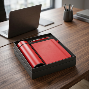 Coffret cadeau d'affaires G&P bleu et rouge avec gourde isotherme, carnet et stylo métallique - Product Image 5