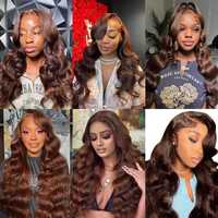 Perruque Lace Front HD 13x4 de 38 pouces, couleur marron chocolat, 100% cheveux humains vierges originaux, bouclés en Deep Wave