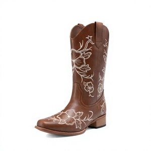 Botas Vaqueras Occidentales Marrones de Media Pantorrilla con Punta Cuadrada, Bordadas, Tacón Grueso, Estilo Retro para Otoño - Product Image 3