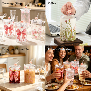 Vaso de Vidrio de Borosilicato Alto para <span class=keywords><strong>Caf</strong></span>é Helado con Tapa de Lazo y Popote, Bonito Vaso Estético para Té de Burbujas y Bebidas Frías - Product Image 4