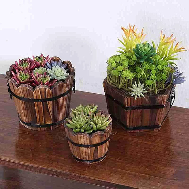Rustic Wavy Wooden Bucket Barrel Planter Box for Indoor Plants & Succulents - View 4