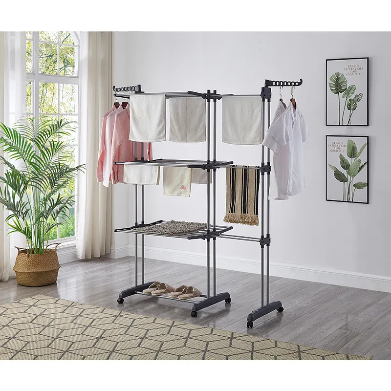 Wholesale Foldable 3 Tier Clothes Drying Hanging Clothes Laundry Hanging Dryer Metal Cloth Hanger Rack With Wheels