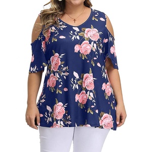 Blus Wanita Motif Bunga 5XL Atasan Cold Shoulder Pakaian Tropis Ukuran Besar Tunik Lengan Setengah Kaos Oversize - Product Image 2
