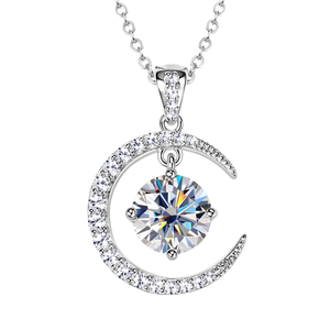 Collier pendentif lune avec pierre de moissanite ronde, en argent 925 plaqué rhodium, bijoux de mode pour femme, chaîne maille gourmette - Product Image 1