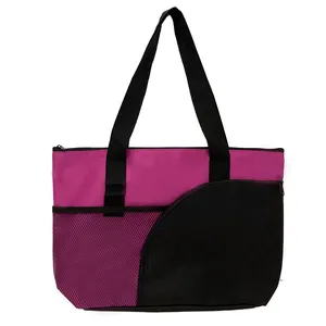 Low MOQ Reusable Material 600D Polyester Shopping Travel Handbag Pink Female Mothers Tote Bag with Front Mesh Pockets
