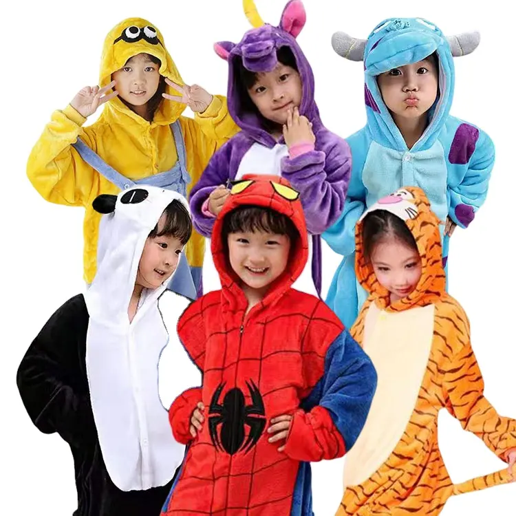 In-stocked Children Clothes 2023 Onesie Warm Flannel Pijamas Printed Animal Purple Dinosaur Panda Minion Jump Tigger Kigurumi