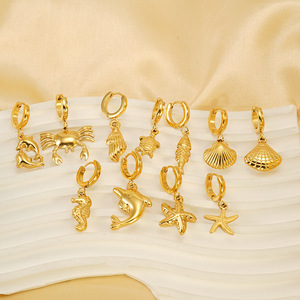 Summer Beach Animal <strong>Jewelry</strong> 18k Gold Plated Stainless Steel Shell Dolphin Sea Horse Tortoise <strong>Crab</strong> Huggie Earrings for Women - Product Image 3