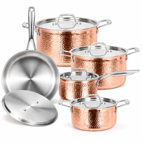 En gros Batterie de cuisine en acier inoxydable martelé cuivré avec couvercles, comprenant Casserole, Faitout, Poêle à frire, compatible induction, OEM
