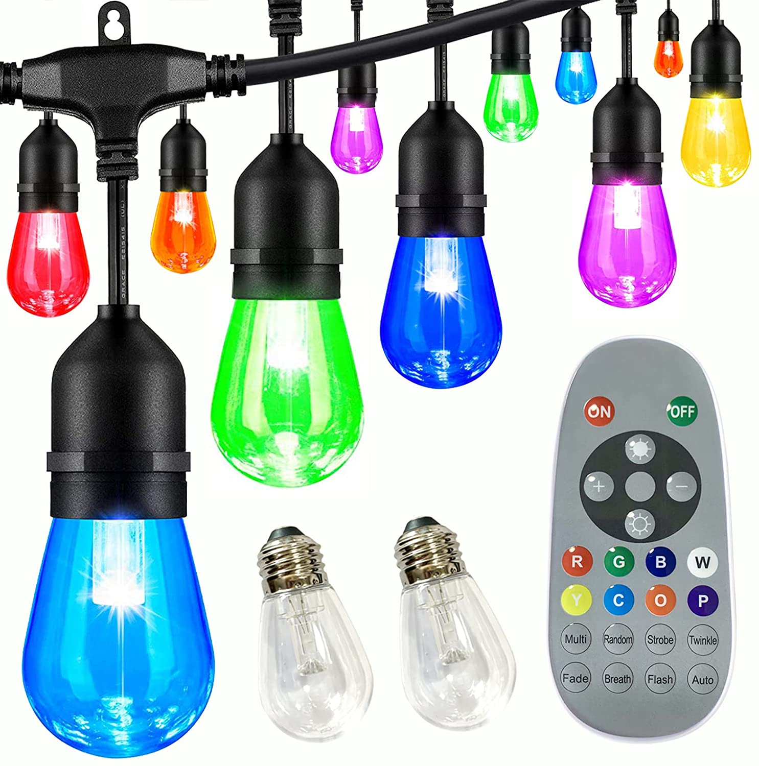 48FT RGBW Outdoor String Lights Weatherproof Remote Control Color Changing Cafe String Lights with S14 Shatterproof Bulbs