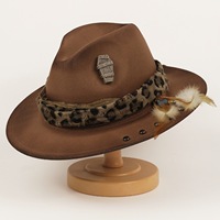 Nuevo Sombrero Fedora Vaquero Occidental de Ala Ancha de Fieltro con Cinturón de Leopardo y Pluma, Estilo Retro Gótico para Disfraz, para Hombres y Mujeres
