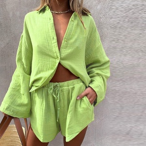 2023年秋女性服Tシャツ女性ツーピースセットセクシーネオングリーンカラーレースアップショートスウェットシャツスーツボタンダウンゆったりスーツ - Product Image 5