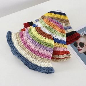 Sombrero de paja de arcoíris para mujer al por mayor, de ganchillo, plegable, tejido, para sol y playa - Product Image 3