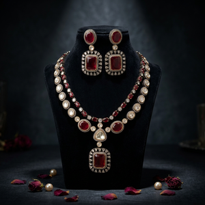 Vintage <b>Ruby</b> <b>Necklace</b> and Earring Set with Imitation Pearl Gold Plated Brass Jewelry Bohemian Unisex Wedding Style - Product Image 1