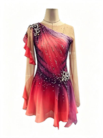 Robe de patinage artistique à épaule unique, dégradé rouge-violet, avec volants, manches longues en maille, dos ouvert orné de strass, pour adultes et enfants