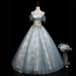Light Blue Off The Shoulder Ball Gown Evening Dress With Floral Print Empire Waistline Organza Fabric For Adult Women - Product Image 1