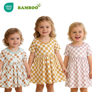 ชุดเดรสเด็กผู้หญิงลายตารางหมากรุก แขนสั้น ผ้าไผ่ สำหรับฤดูร้อน ขายส่ง - Product Image 1