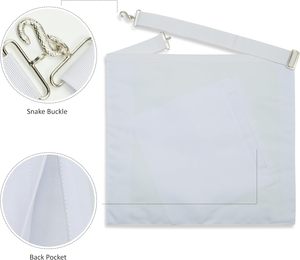 Tablier maçonnique avec compas carré brodé argenté, couleur blanche, accessoire formel à vendre, qualité supérieure, pour Maître de Loge Maçonnique - Product Image 2
